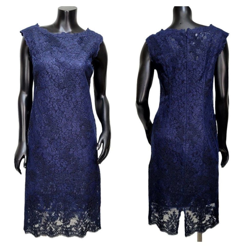 Rickie Freeman for Terri Jon Navy Lace Popover Sheath Cocktail Dress‎ Sleeveless